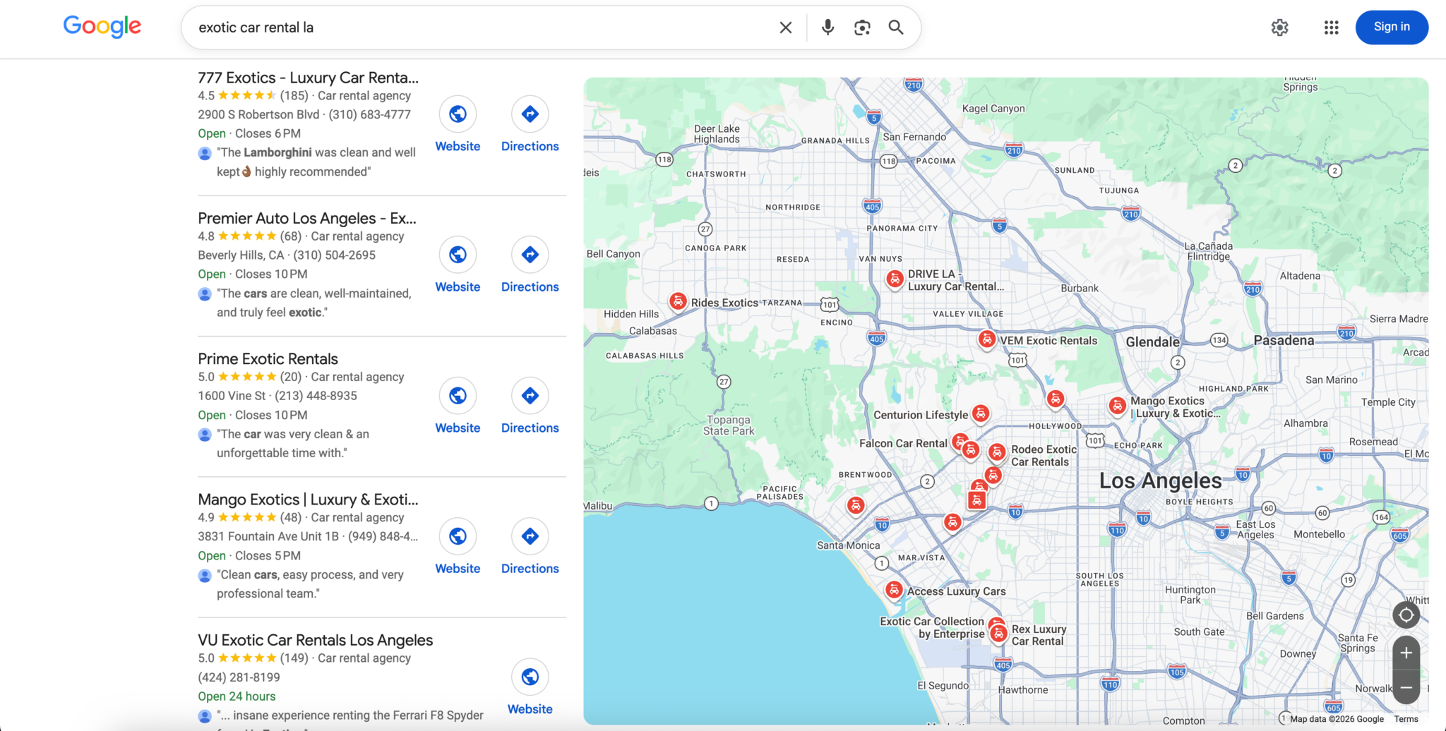 Google local results for exotic car rental in Los Angeles