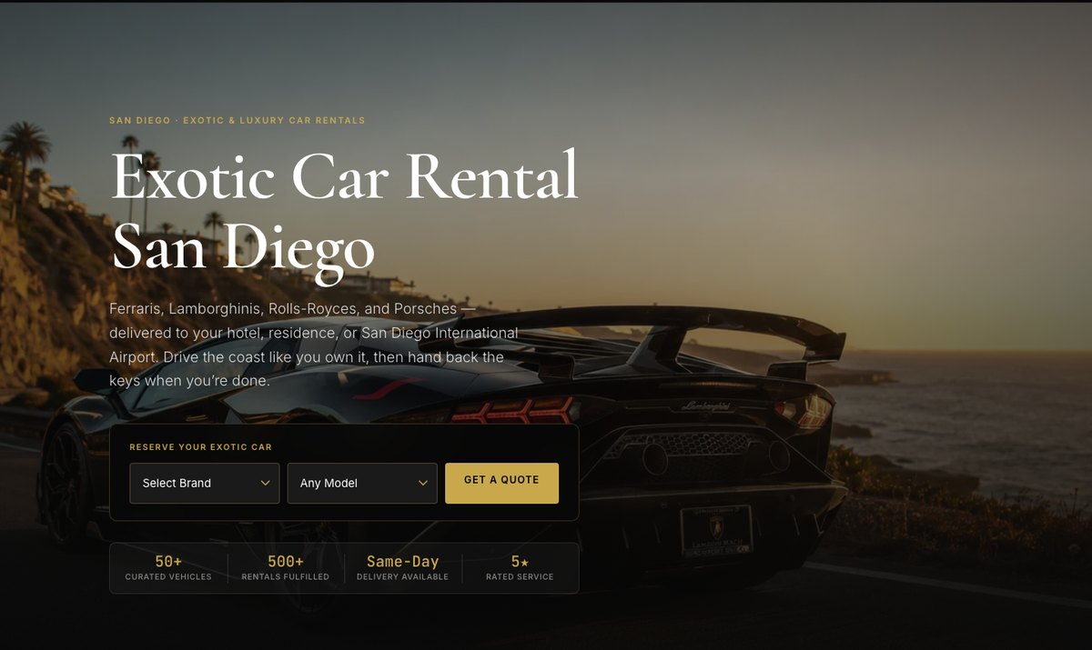 The exoticcarrentalsandiego.com home page, the site built to test this approach